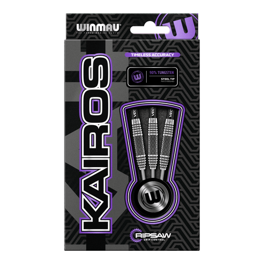 Ocelové šipky Winmau Kairos 01 Die Abbildung zeigt die Verpackung der "Winmau Kairos 01 Steeldarts". In der Verpackung sind drei hochwertige Steeldarts mit 90% Tungsten-Anteil zu sehen.