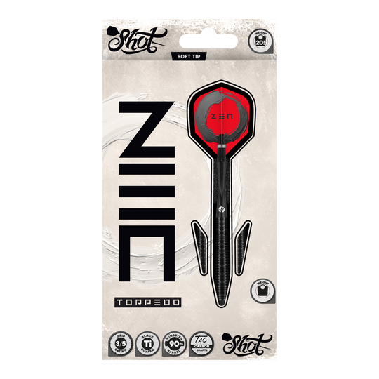 Šipky Shot ZEN Torpedo Soft - 20g Hier sieht man die Shot ZEN Torpedo Softdarts - 20g aus einer anderen Perspektive. Die Details des Dartpfeils sind deutlich erkennbar.