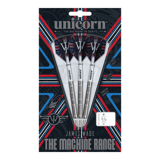 Ocelové šipky Unicorn James Wade The Machine Range Fáze 4 Das Bild zeigt eine Packung Steeldarts der Marke "Unicorn" aus der James Wade The Machine Range Phase 4. Die drei silbernen Darts sind in einer auffällig gestalteten Verpackung mit roten, blauen und weißen Akzenten präsentiert.