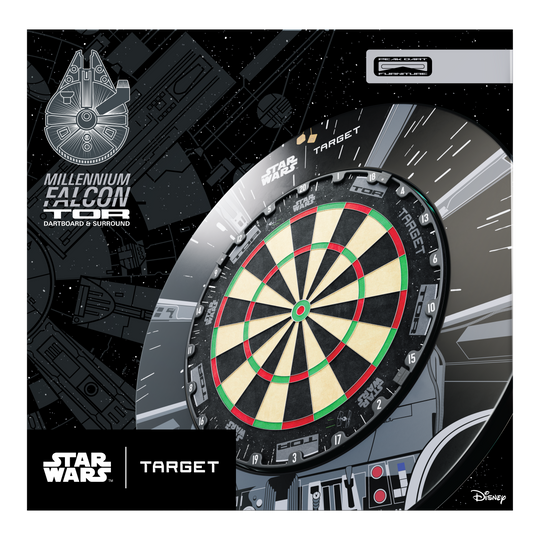 Sada prostorového obložení terče Target Star Wars Millennium Falcon TOR Auf dem Bild ist das Target Star Wars Millennium Falcon Surround Board Bundle zu sehen. Das Produkt richtet sich an Fans von Star Wars und Darts.