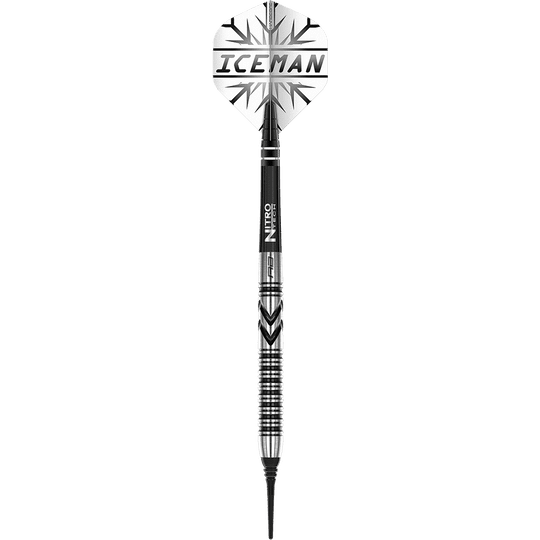 RD2471_Red_Dragon_Gerwyn_Price_Thunderbolt_Softdarts_1G5iaEOD4p8eDn Das Bild zeigt einen Red Dragon Gerwyn Price Thunderbolt Softdart mit 20 Gramm Gewicht. Auf dem Dart steht "ICEMAN" und er hat ein silber-schwarzes Design.