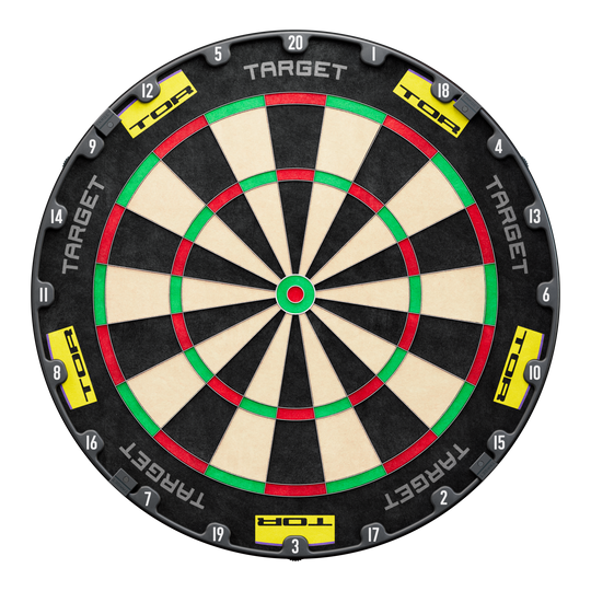 Sada ocelových terčů Target Luke Littler, mistr světa 2025 Surround Goal Das Bild zeigt ein Dartboard-Set mit dem Namen "Target Luke Littler World Champion 2025 Surround Tor Steeldartboard Bundle". Das Board hat eine schwarze Umrandung mit den Aufschriften "TARGET" und "TOR".
