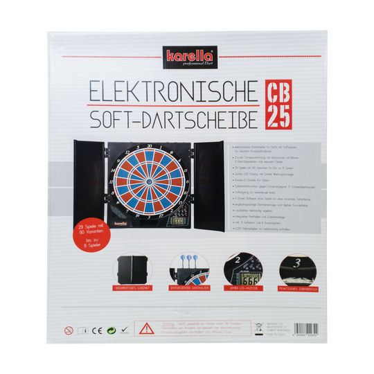 Turnajová verze elektronického terče CB 25 Die Abbildung zeigt die Verpackung der elektronischen Soft-Dartscheibe CB 25 von Karella. Auf der Vorderseite sind Produktmerkmale und Bilder der Dartscheibe mit Zubehör abgebildet.
