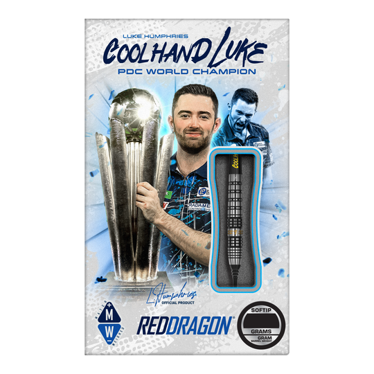 Šipky Red Dragon Luke Humphries Prestige Soft - 20g Das Bild zeigt die Verpackung der "Red Dragon Luke Humphries Prestige Softdarts - 20g". Auf der Verpackung ist ein Foto von Luke Humphries mit einem Pokal zu sehen, sowie ein einzelner Dartpfeil als Produktabbildung.