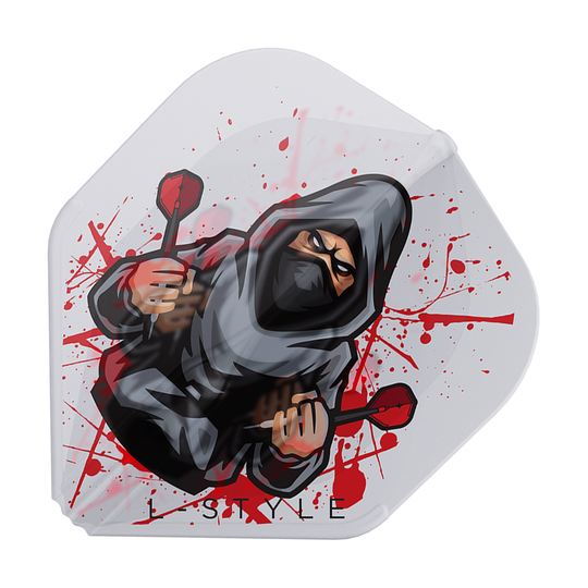 Das Bild zeigt ein weißes Dartflight mit einer Illustration eines maskierten Mannes in grauer Kapuze, der zwei Dartpfeile hält. Im Hintergrund sind rote Farbspritzer und unten steht "L-Style".