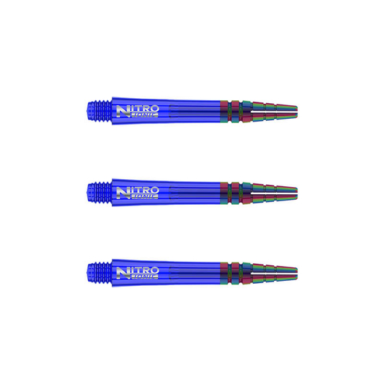C601_Nitro_Ionic_Short_Blue_Shafts Das Bild zeigt drei blaue RedDragon Nitrotech Ionic Shafts. Sie sind nebeneinander angeordnet und haben silberne Schriftaufdrucke.