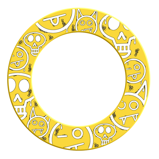 McDart Graffiti Emojis Dartboard Surround Das Bild zeigt das Produkt mit dem Dateinamen MSF-A6_McDart_Graffiti_Emojis_Dartboard_Surround_Gelb_2. Es handelt sich offenbar um einen gelben Dartboard Surround mit Graffiti Emojis.