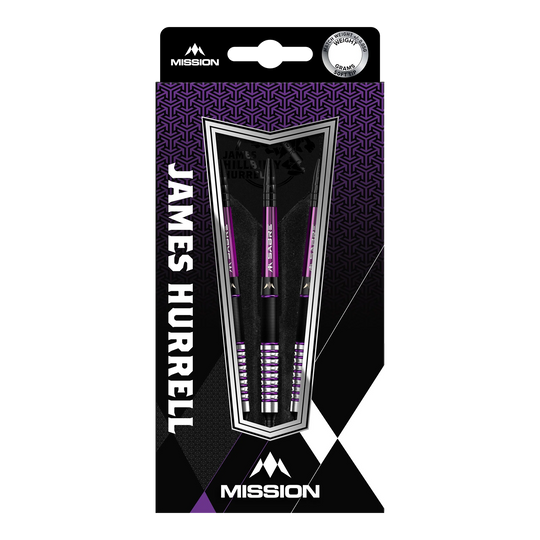 Das Bild zeigt eine Verpackung mit drei Softdarts der Marke Mission, Modell "James Hurrell Hillbilly Black Purple" mit einem Gewicht von 18g. Die Darts sind schwarz und lila gestaltet und in einer ansprechenden Box präsentiert.