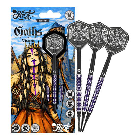 Šipky Shot Goths Visara Soft - 20g Das Bild zeigt die Shot Goths Visara Softdarts - 20g. Diese Softdarts sind leicht und hochwertig verarbeitet.