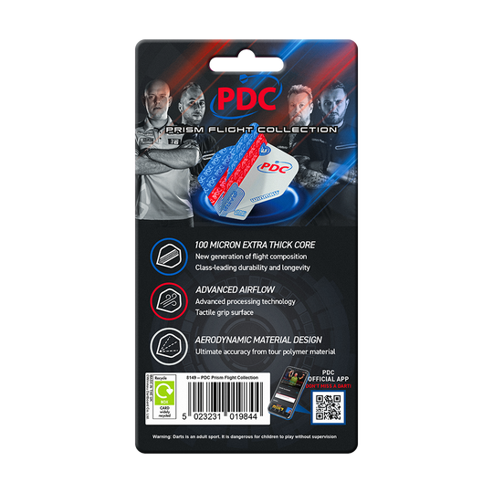 Das Bild zeigt die Verpackung der "Winmau PDC Prism Flight Collection" für Dartflights. Auf der Verpackung sind Produktmerkmale und Bilder von Dartspielern abgebildet.