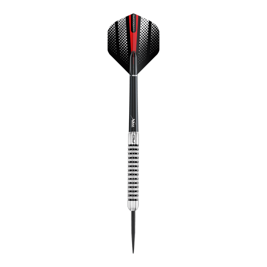 Das Bild zeigt die Red Dragon Flightmaster Fury 2 Steeldarts mit 25-Gramm-Gewicht. Die Darts verfügen über eine spezielle Grip-Oberfläche für bessere Kontrolle.
