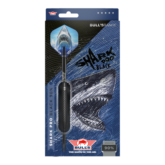 Die Abbildung zeigt die Verpackung der "Bulls NL Shark Pro Black Steeldarts". Auf der Verpackung ist ein aggressiv aussehender Hai sowie der Dartpfeil selbst zu sehen.