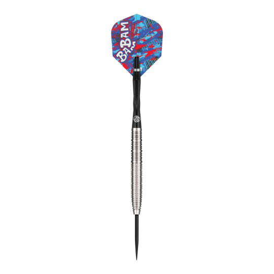 Dies ist ein Steeldart der Marke "Shot Pro Series Bradley Brooks GEN2" mit einem Gewicht von 23 Gramm. Der Dart hat einen silbernen, gerillten Schaft und eine bunte, blau-rote Flight mit der Aufschrift "BABAM".