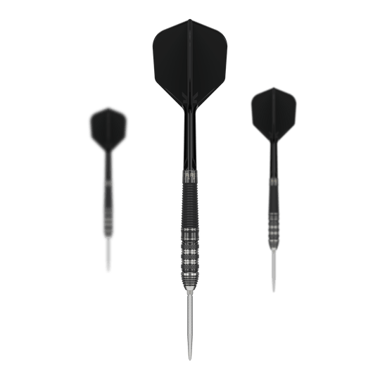 Šipky Target Japan Black Marque Armageddon GEN2 Swiss Point Steeldarts Das Bild zeigt drei schwarze Steeldarts des Modells „Target Japan Black Marque Armageddon GEN2 Swiss Point“. Die Darts haben einen geriffelten Metallkörper und schwarze Flights.