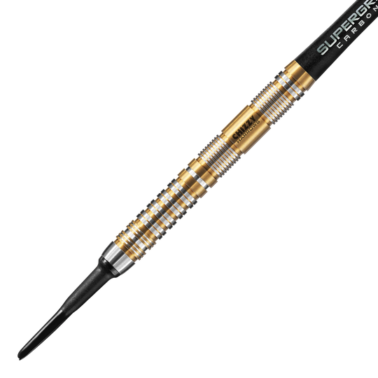 Měkké šipky Harrow's Dave Chisnall Chizzy Series 2 Das Bild zeigt einen Harrows Dave Chisnall Chizzy Series 2 Softdart. Der Dartpfeil hat ein auffälliges Design mit goldenen und silbernen Ringen entlang des Barrels.
