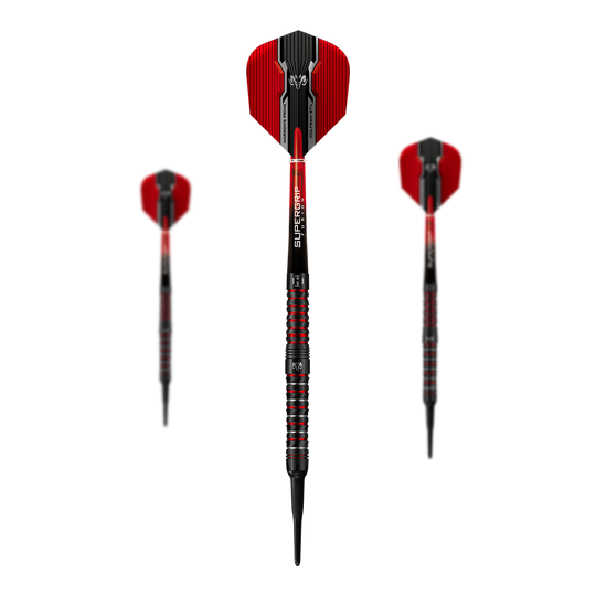Harrows Tungsten Infinity 97% Tungsten měkké šipky Das Bild zeigt drei Harrows Wolfram Infinity 97% Tungsten Softdarts. Die Darts haben ein auffälliges Design in Schwarz und Rot.
