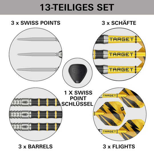Ocelové šipky Target Buzz 02 Swiss Points Das Bild zeigt die Target Buzz 02 Swiss Points Steeldarts. Die Steeldarts werden aus einer anderen Perspektive vorgestellt.