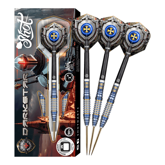 Das Bild zeigt das Set „Shot Future Knights Darkstar Steeldarts - 23g“ mit drei detailliert gestalteten Darts. Die Verpackung ist mit einem Rittermotiv und dem Schriftzug „Darkstar“ verziert.