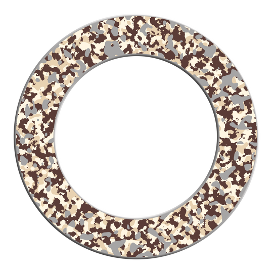 Zu sehen ist ein Dartboard-Surround mit Wüstencamouflage. Das Produkt ist rund und ideal zur Wandbefestigung beim Dartspielen.