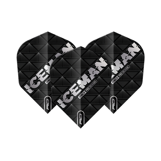 Das Bild zeigt drei schwarze Dartflights mit dem Aufdruck "ICEMAN" in weißer Schrift. Die Flights haben ein geometrisches Muster und sind von der Marke Red Dragon, Modell Gerwyn Price Iceman Black No6.