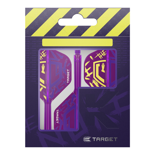 Die Abbildung zeigt die "Target K-Flex Luke Littler World Champion 2025 No2 Standard Flights" in einer Verpackung. Die Flights sind lila mit gelben Akzenten und dem Target-Logo gestaltet.