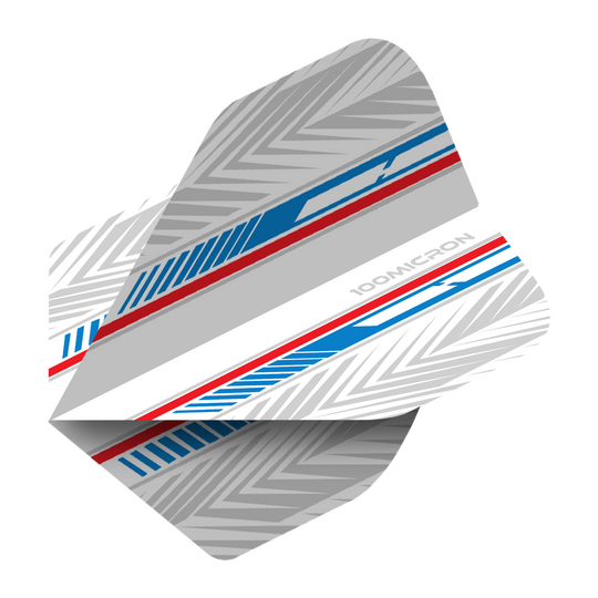 Das Bild zeigt einen Pentathlon White Blue Red No2 Standard Flight für Darts. Das Design besteht aus weißen, blauen und roten Streifen mit silbergrauen Mustern.
