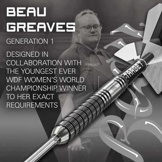 Šipky Target Beau Greaves GEN1 Swiss Point ocelové Dieses Foto zeigt die Target Beau Greaves GEN1 Swiss Point Steeldarts von der Seite. Die Details der Barrelstruktur sind klar erkennbar.