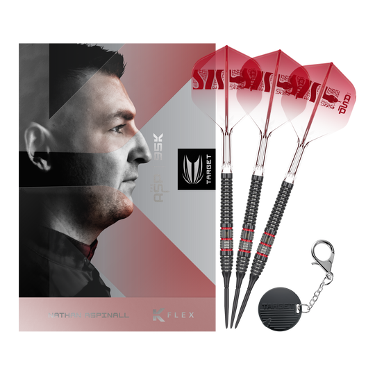 Šipky Target Nathan Aspinall 95K Swiss Point Steel Volle Ansicht der Target Nathan Aspinall 95K Swiss Point Steeldarts. Die Darts sind in ihrer Gesamtheit abgebildet.