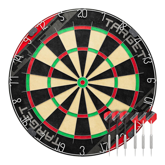 Hier sieht man das Target Rift Steeldartboard Set. Das Produkt bietet eine stabile Dartscheibe für präzises Spiel.
