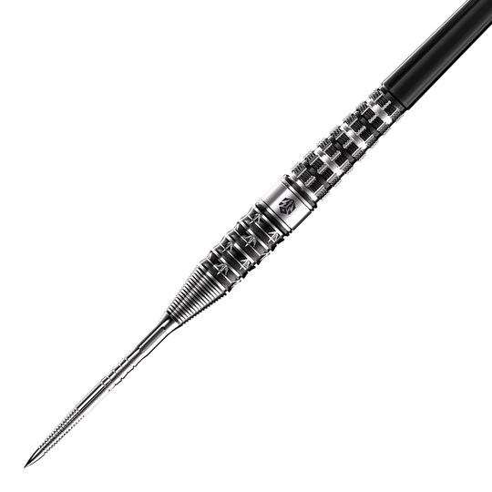 Das Bild zeigt den Caliburn Player The Pandaman Advanced Steeldarts mit einem Gewicht von 23g. Der Dartpfeil hat ein silbernes, strukturiertes Metall-Design und eine scharfe Spitze.