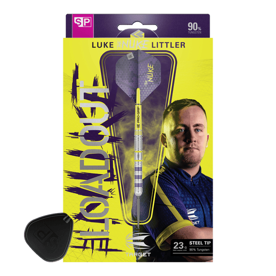 Šipky Target Luke Littler Loadout Swiss Point Steel Auf dem Bild ist das Produkt "Target Luke Littler Loadout Swiss Point Steeldarts" zu sehen. Die Verpackung zeigt einen Dartpfeil sowie ein Porträt von Luke Littler vor einem gelben Hintergrund.