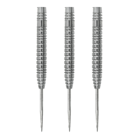 Das Bild zeigt drei Steeldart-Barrels des Produkts „McDart Spectre V3“ mit einem Gewicht von 23g. Die Barrels sind silberfarben und haben ein geriffeltes Design für besseren Halt.