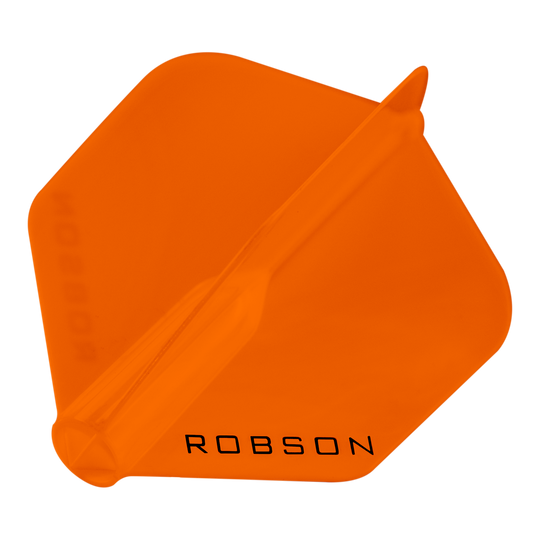 Lety Robson Plus – standardní Das Bild zeigt ein orangefarbenes Dart-Flügel mit der Aufschrift "ROBSON". Er hat eine sechseckige Form und ist transparent.