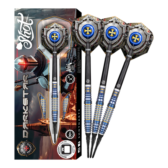 Das Bild zeigt die Shot Future Knights Darkstar Softdarts - 20g zusammen mit ihrer Verpackung. Die Darts haben ein auffälliges Design mit blauen und silbernen Akzenten sowie speziellen Flights mit einem Rittermotiv.