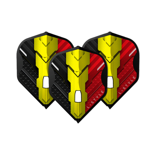 Letky L-Style V Series V1 Type C Belgium Black L1PRO Das Bild zeigt drei Dart Flights des Modells "L-Style V-Series V1 Type C Belgium Black L1PRO". Die Flights sind in den Farben Schwarz, Gelb und Rot gestaltet und tragen das Logo "L-STYLE".