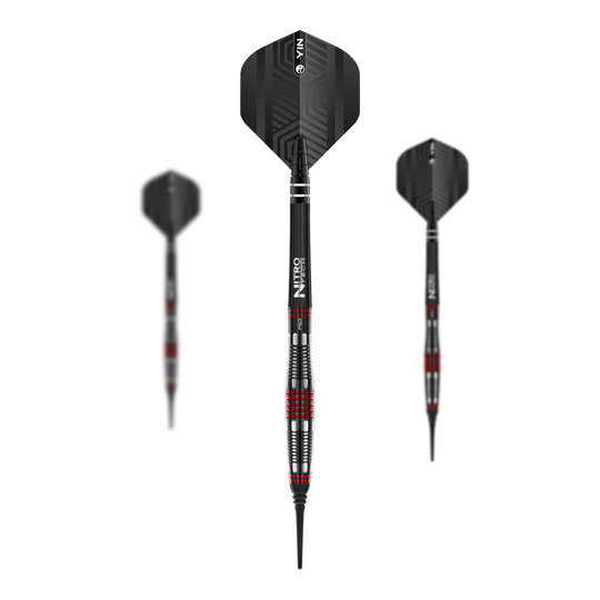 Měkké šipky Red Dragon Marlin Venom - 22g Das Bild zeigt drei Softdarts des Modells "Red Dragon Marlin Venom" mit einem Gewicht von 22g. Die Darts sind in Schwarz mit roten und silbernen Akzenten gestaltet.