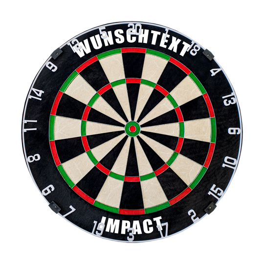 MCDB_Dartboard_mit_Wunschtext_HD_1_Impact Auf dem Bild ist eine Dartscheibe zu sehen. Oben steht der Text "WUNSCHTEXT" und unten "IMPACT".