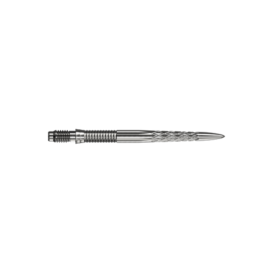 Špičky na šipky Mission R2.5 Rapid Point DSX - stříbrné Abgebildet sind silberne Dartspitzen Mission R25 Rapid Point DSX mit einer Länge von 30mm. Die Spitzen werden aus zwei verschiedenen Blickwinkeln präsentiert.