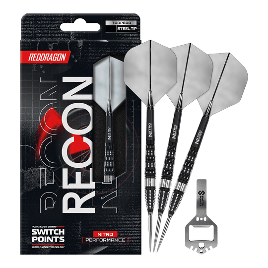 Abgebildet sind die Red Dragon Recon Torpedo Steeldarts mit 23g Gewicht. Diese Steeldarts zeichnen sich durch ihre spezielle Form und hohe Präzision aus.