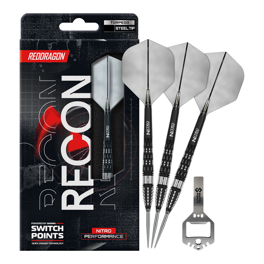Ocelové šipky Red Dragon Recon Torpedo Switch Point Abgebildet sind die Red Dragon Recon Torpedo Steeldarts mit 23g Gewicht. Diese Steeldarts zeichnen sich durch ihre spezielle Form und hohe Präzision aus.