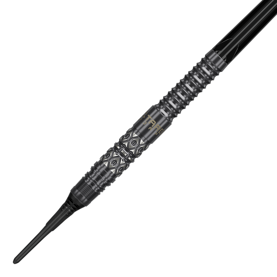 Hier sieht man die Target Black Marque Creed Softdarts mit 21,5g Gewicht. Die Darts sind schlank gestaltet und modern.