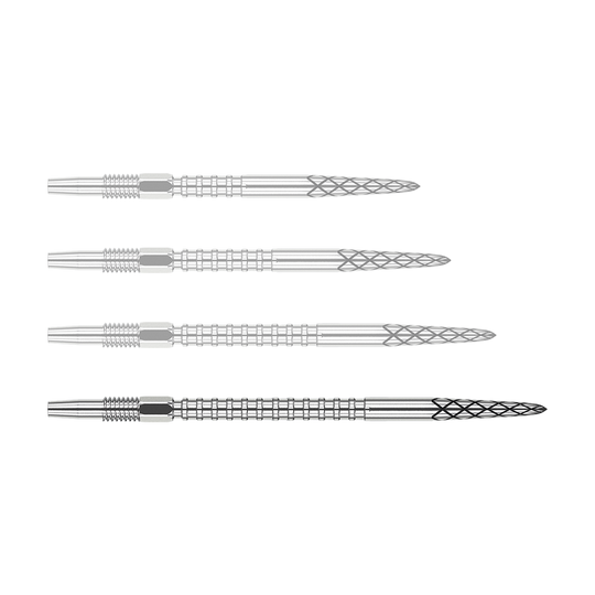 Das Bild zeigt vier silberne Dartspitzen, die nebeneinander liegen. Sie haben ein geriffeltes Design und ein markantes Rautenmuster an den Spitzen.
