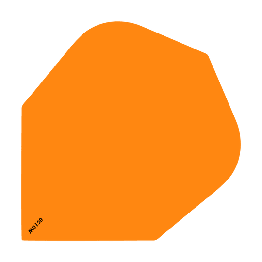 Das Bild zeigt ein einfaches, orangefarbenes Dart Flight mit der Aufschrift "MD150" in der Ecke. Es handelt sich um das Produkt "McDart MD150 Standard Flights".