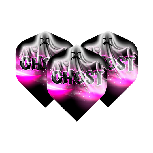 Standardní lety Mission Solo Bailey Marsh č. 2 Das Bild zeigt drei Dart-Flights mit dem Aufdruck „GHOST“ und einem stilisierten Geist auf einem schwarz-rosa Hintergrund. Es handelt sich um das Produkt "Mission Solo Bailey Marsh No2 Standard Flights".