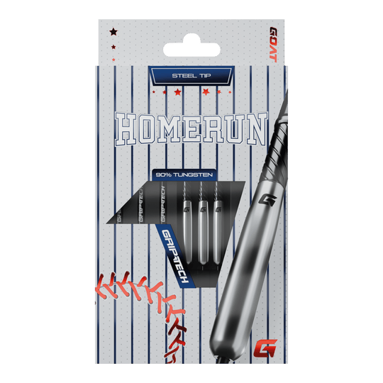 Šipky GOAT Homerun Baseball Tungsten Steel Das Bild zeigt die Verpackung der "GOAT Homerun Baseball Tungsten Steeldarts" mit Stahlspitze. Auf der Vorderseite sind drei Darts sowie baseballtypische Designelemente abgebildet.