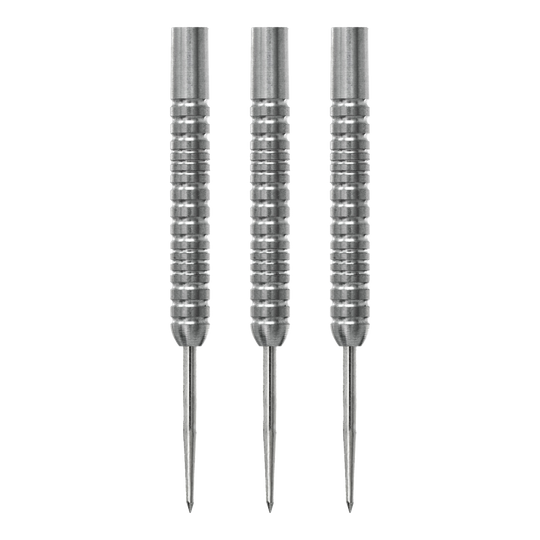 Das Bild zeigt drei silberne Steeldart-Barrels des Modells McDart Spectre V2 mit einem Gewicht von 22g. Die Barrels haben eine geriffelte Oberfläche für besseren Halt.