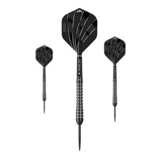 Ocelové šipky Mission Spiro Model 2 - 22g Das Bild zeigt drei Steeldarts des Modells "Mission Spiro Model 2" mit einem Gewicht von 22g. Die Darts sind schwarz mit silbernen Akzenten und haben auffällige Flights mit weißen Linien.