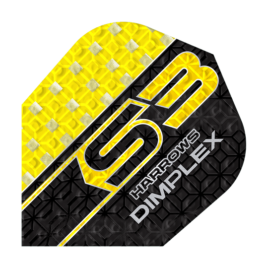 Letky Harrows Dimplex S3 - žluté Das Bild zeigt das Produkt "Harrows Dimplex S3 Flights - Gelb". Das Flight ist gelb und schwarz mit silbernen Details und einem strukturierten Muster gestaltet.