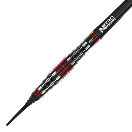 Měkké šipky Red Dragon Marlin Venom - 22g Das Bild zeigt den Red Dragon Marlin Venom Softdart mit einem Gewicht von 22 Gramm. Der Dart hat ein schwarzes und silbernes Design mit auffälligen roten Ringen und einer „Nitro Tech“-Beschriftung.