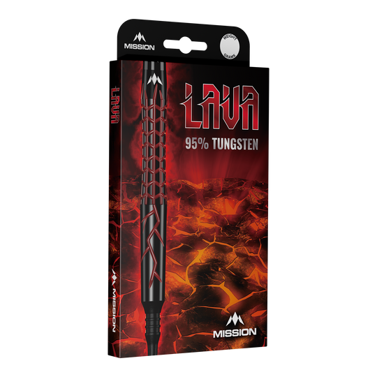 Šipky Mission Lava Softdarts - 20g Die Abbildung zeigt die Verpackung der "Mission Lava Softdarts - 20g". Auf der Verpackung steht "95% Tungsten" und sie ist mit einem Lava-Motiv gestaltet.